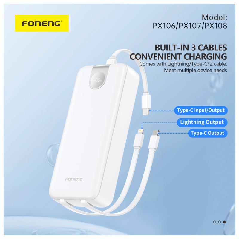 Foneng PX107 22.5W 20000mAh Emergency Charger with 3 Built-in Cables Black