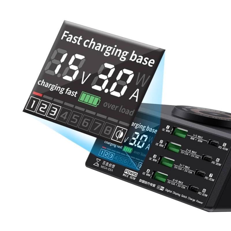 Πολυφορτιστής Πάγκου Service MEGA-IDEA PQW110 PD QC 110W με 8 Θύρες USB, Ασύρματη Φόρτιση & Οθόνη Ενδείξεων