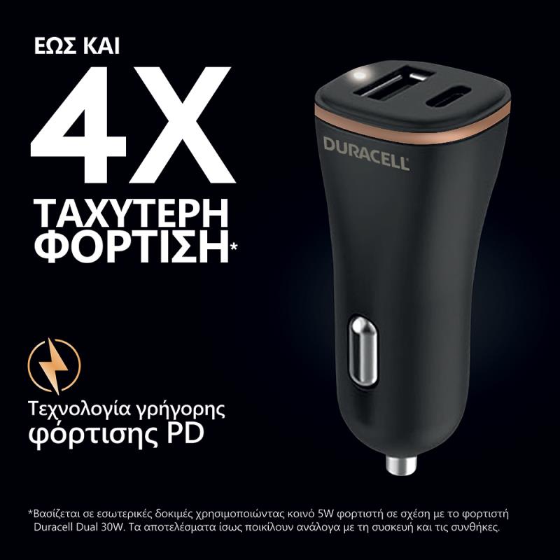 Φορτιστής Αυτοκινήτου Ταχείας Φόρτισης Duracell με Διπλή Έξοδο USB A & USB C PD 3.0 27W Μαύρο-Μπρονζέ