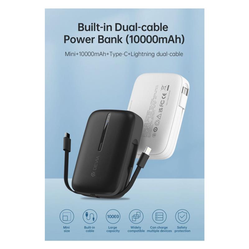 Φορτιστής Ανάγκης Devia EP158 10W 10000mAh με 2 Ενσωματωμένα Καλώδια Kintone Μαύρο