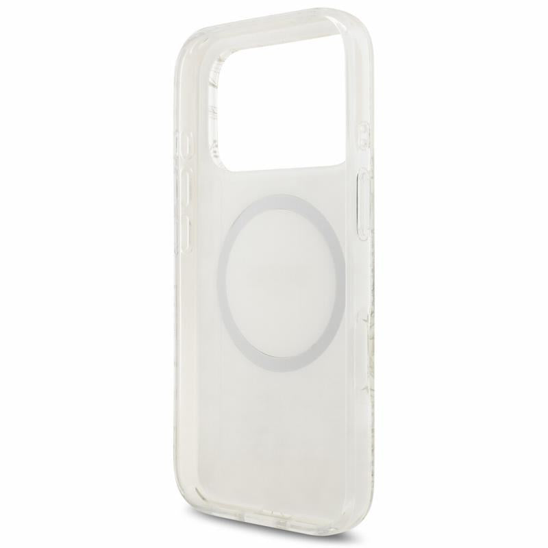 Θήκη PU/ Silicon Guess Magsafe Apple iPhone 18 Pro/ 17 Pro IML Flowers με Pearl Strap Λευκό