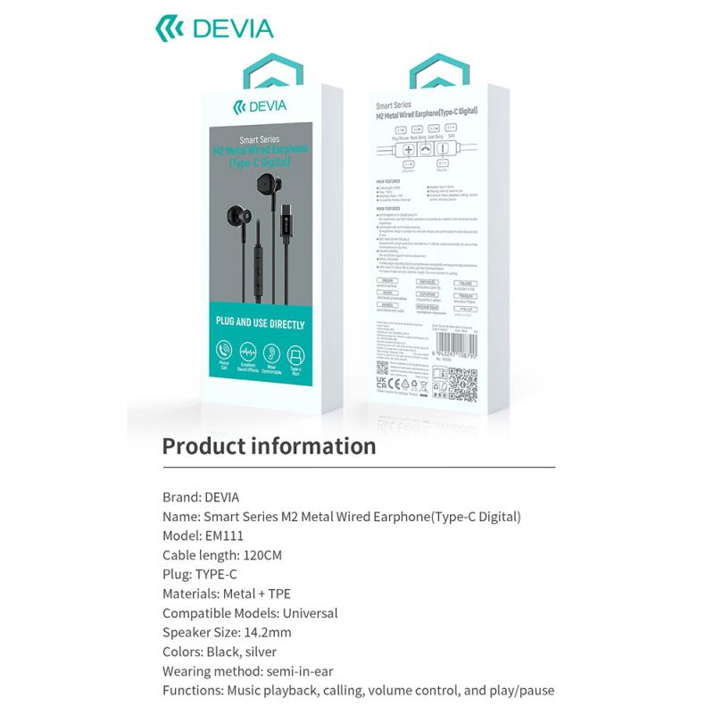 Hands Free Stereo Devia EM113 M2 Metal USB C Smart Ασημί