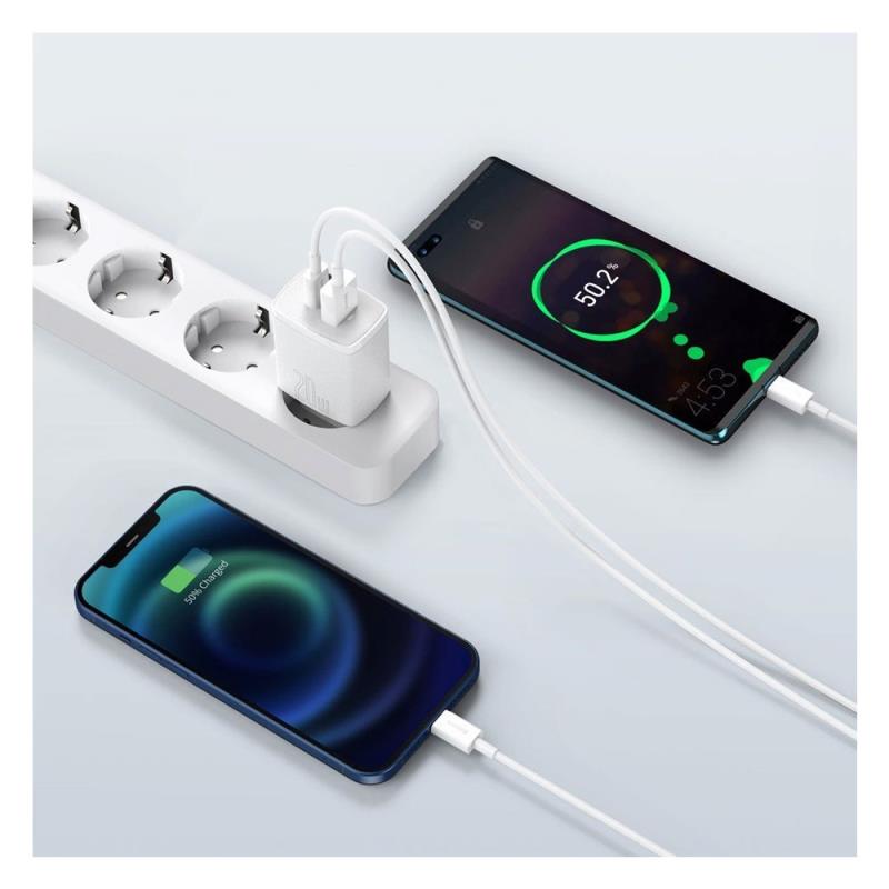 Φορτιστής Ταξιδίου Ταχείας Φόρτισης Baseus Compact με Διπλή Έξοδο USB A & USB C PD QC 20W 3A Λευκό