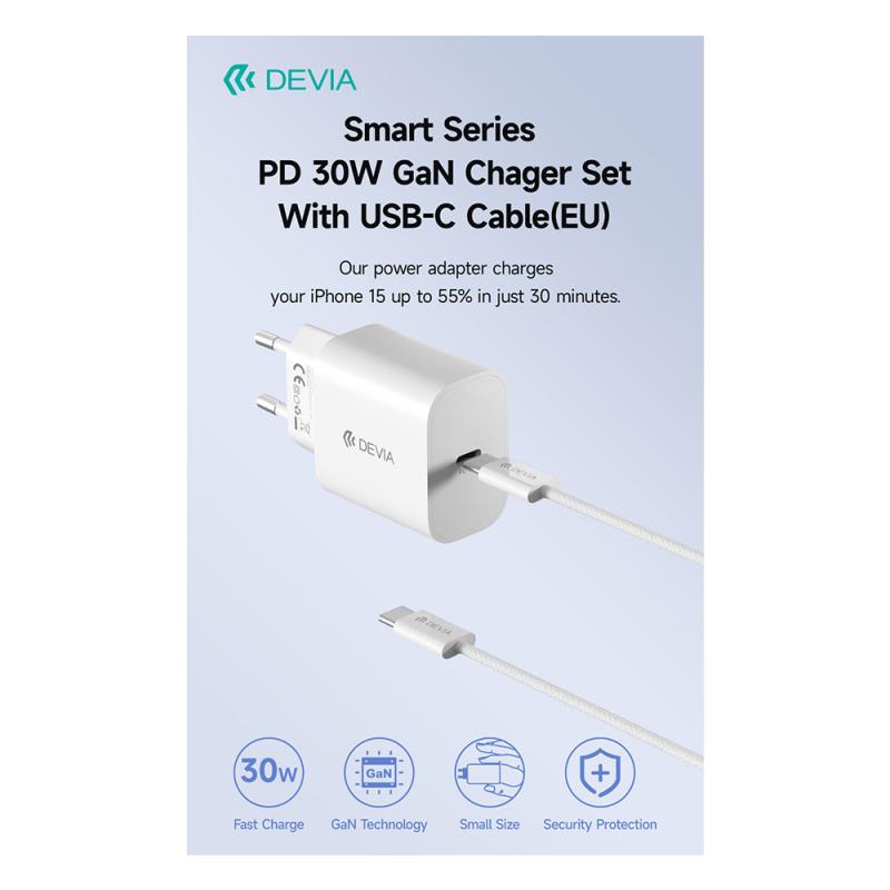 Φορτιστής Ταξιδίου Ταχείας Φόρτισης Devia RCE-3005CL με Έξοδο USB C GaN PD 30W & Καλώδιο USB C σε USB C 1m Smart Λευκό