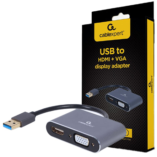 CABLEXPERT 4K USB TO HDMI + VGA Display Adapter Space Grey Retail Pack