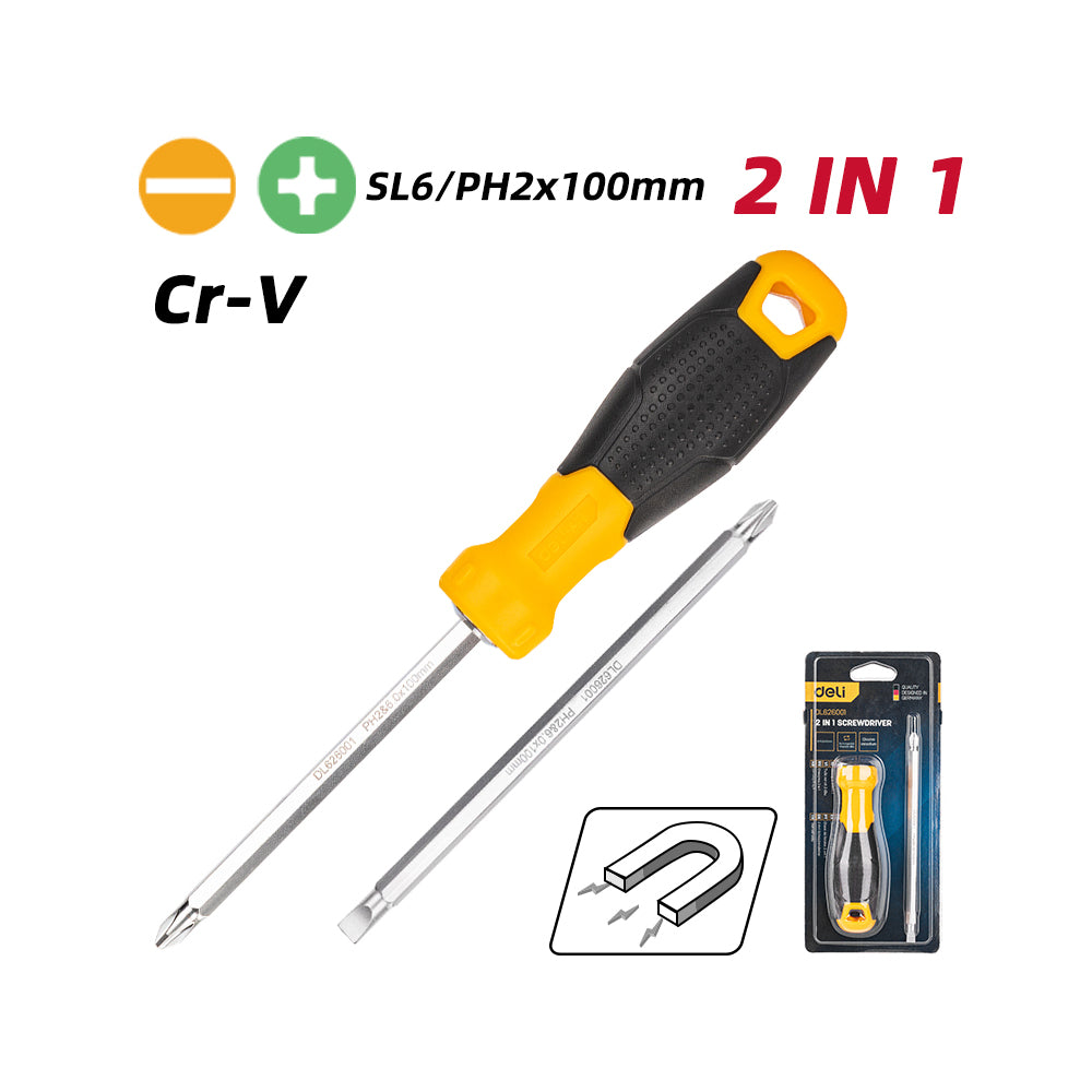 DELI 2-IN-1 Screwdriver SL6/PH2x100MM Yellow