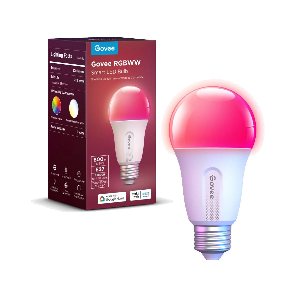 Govee Smart LED Light Bulb RGBWW E27 WiFi + Bluetooth 800lm 9W H6004