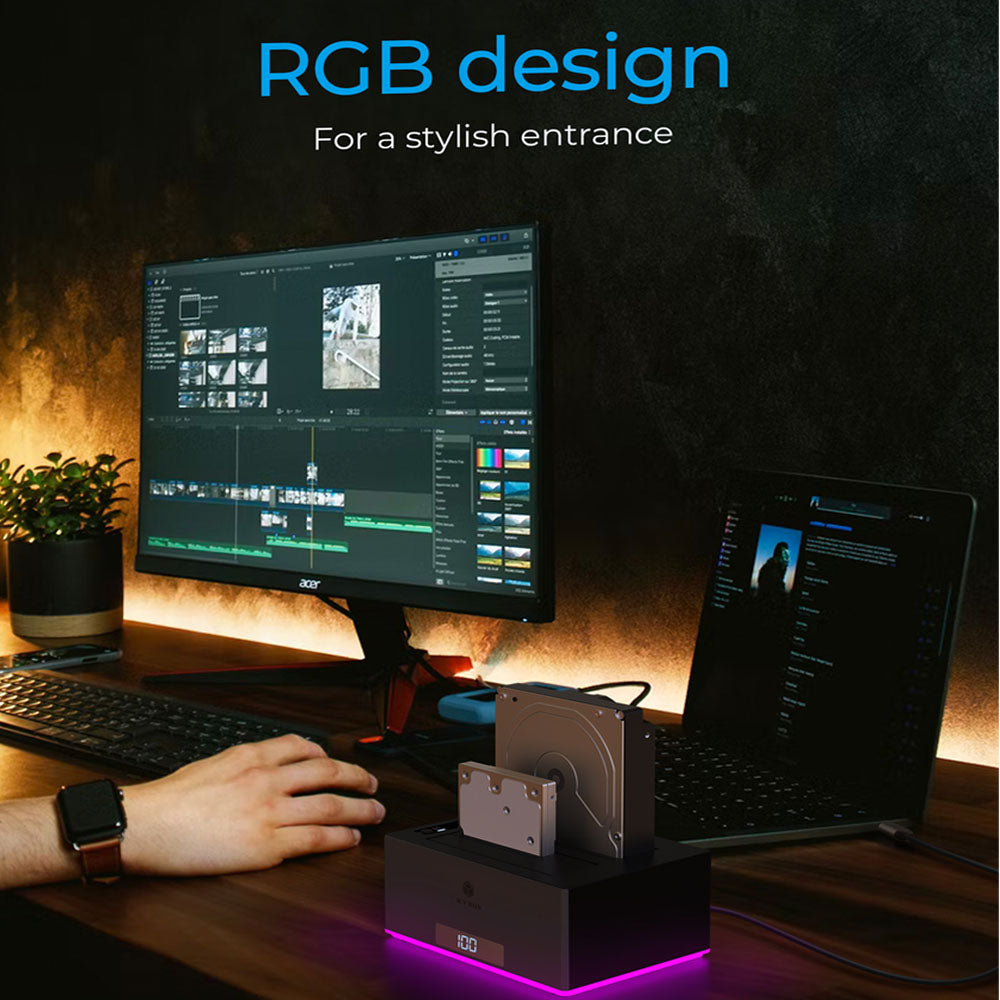 ICY Box RGB USB 3.2 Docking And Clone Station For 2x2.5'/3.5' HDD/SSD Black