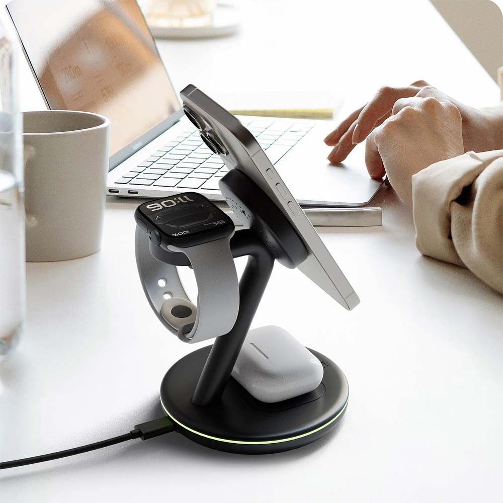 ICY BOX 3 IN 1 WIRELESS CHARGING STAND FOR SMARTPHONES, SMARTWATCH & EARPHONES ANTHRACITE