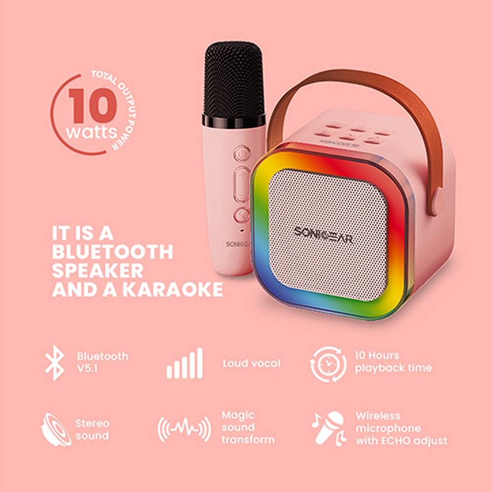 SONICGEAR IOX K200 Bluetooth 5.1 Home Karaoke Portable Speaker With Wireless MIC Pink