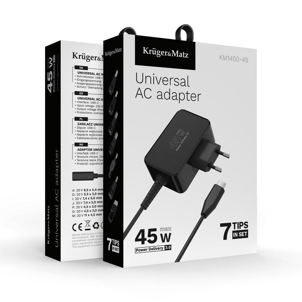 Universal φορτιστής laptop USB-C 45W για Dell/HP/Lenovo/Sony/Samsung με αποσπώμενο καλώδio Kruger&Matz