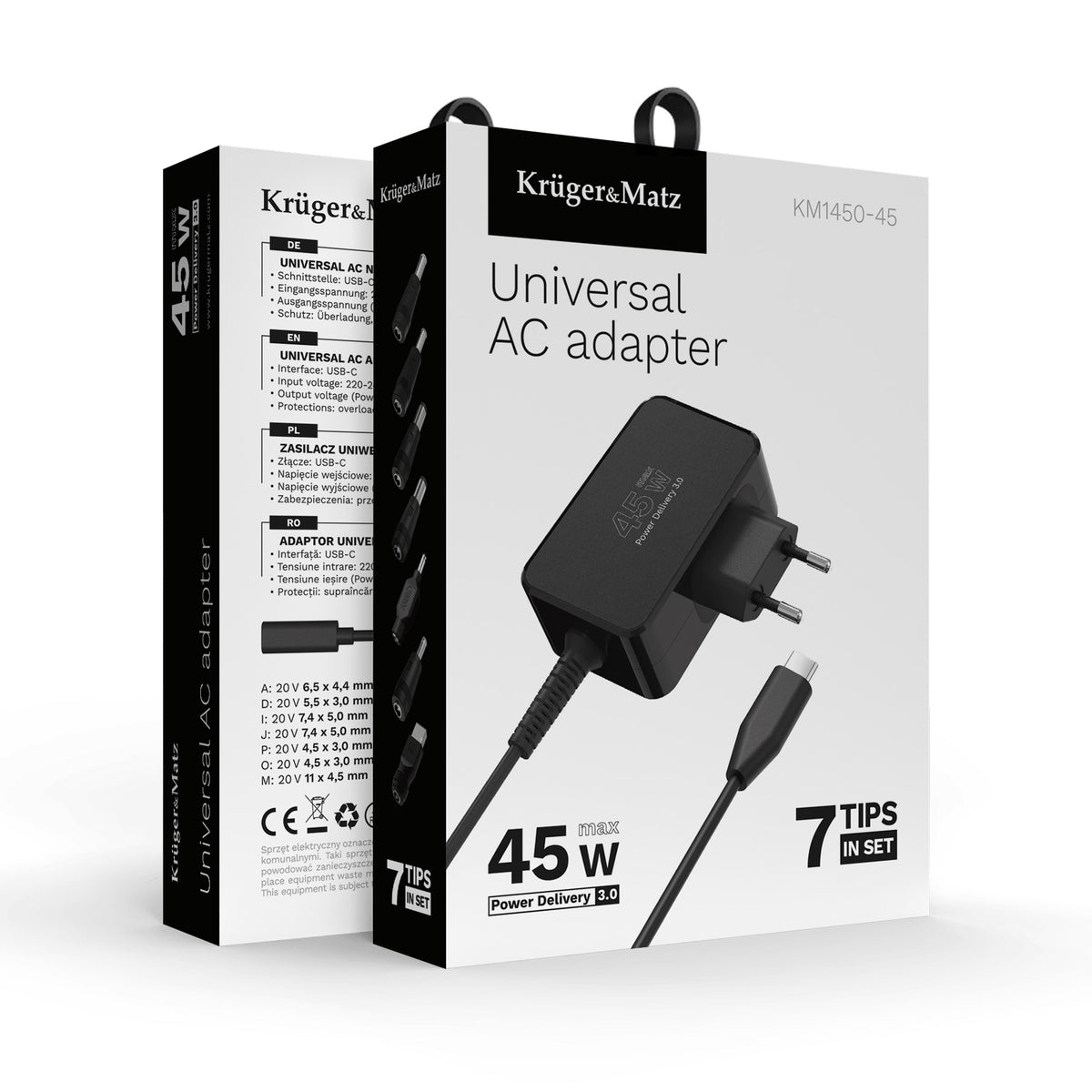 Universal φορτιστής laptop USB-C 45W για Dell/HP/Lenovo/Sony/Samsung με αποσπώμενο καλώδio Kruger&Matz