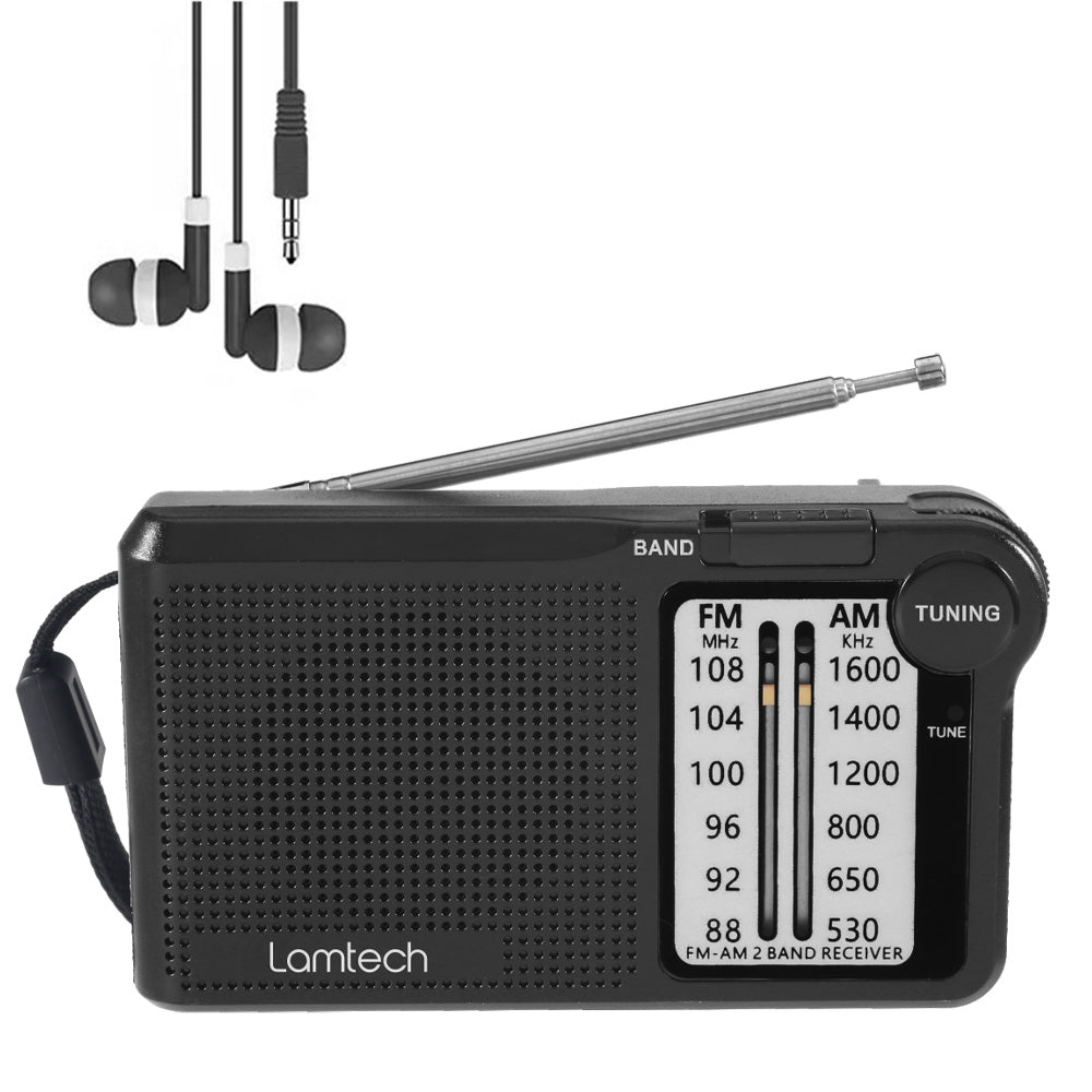 LAMTECH 2 Band FM/AM Radio With Earphones Jack Black