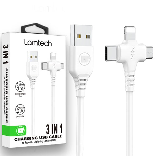 LAMTECH 3 IN 1 Charging USB Cable TO Type-C/Lightning/Micro USB 1M White