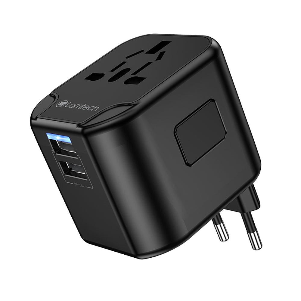 LAMTECH Universal Travel Adapter With 2 USB Ports AC 6A Black