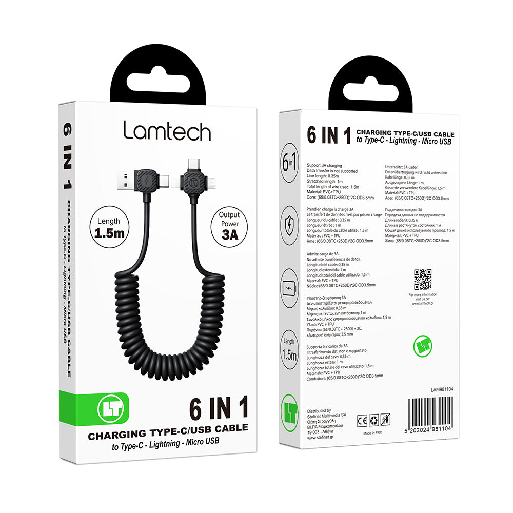 LAMTECH 6-IN-1 Charging Cable Type-C/USB TO Type-C/Lightning-Micro-USB 3A 1.5M Black