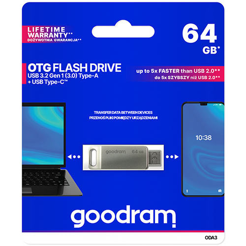 GOODRAM OTG Flash Drive USB3.2 GEN1 64GB & Type-C Silver