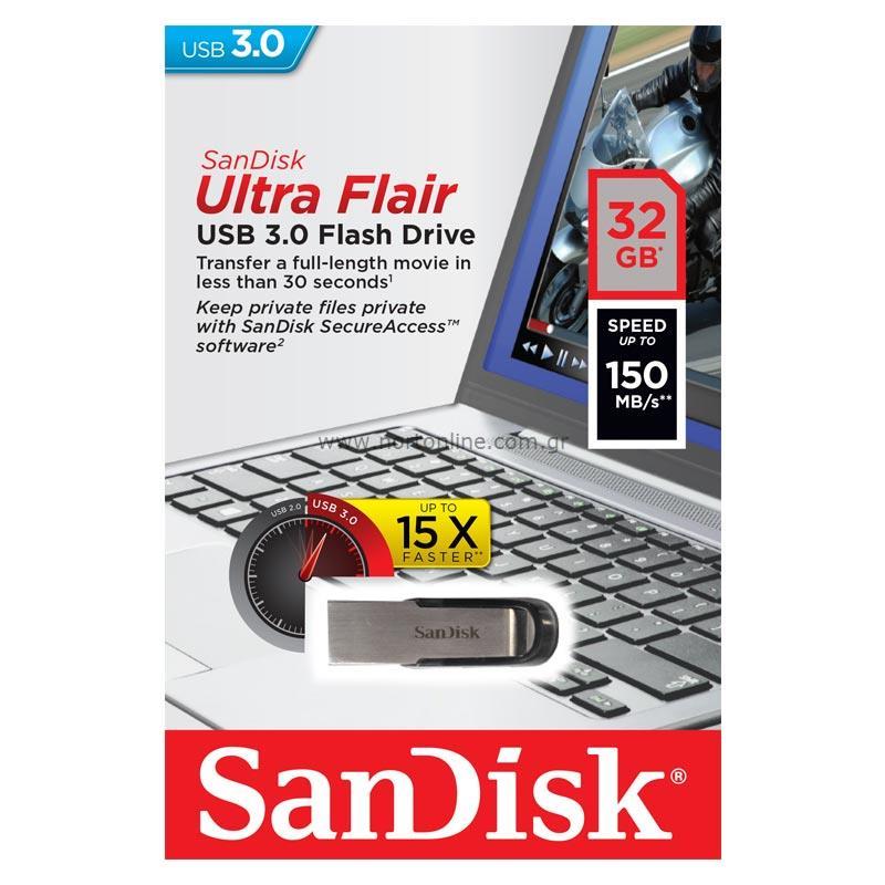 USB 3.0 Flash Disk SanDisk Flair SDCZ73 USB A 32GB 150MB/s Μαύρο