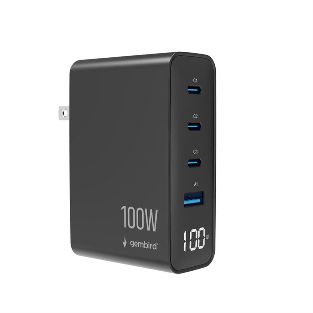 GEMBIRD UNIVERSAL 4-PORT 100W GAN USB FAST CHARGER LCD BLACK