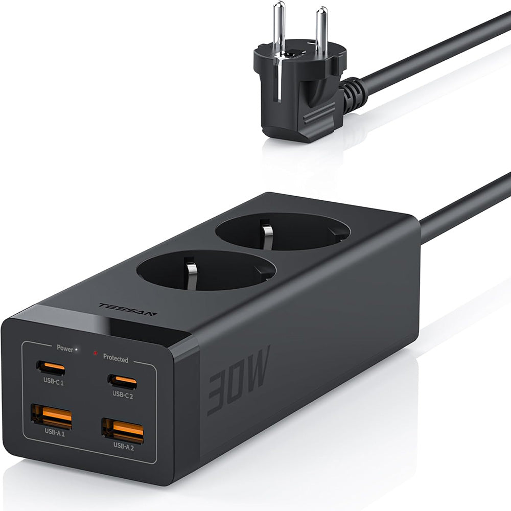 TESSAN 6 IN 1 Power Strip 2xSCHUKO 2xUSB 2xTYPE-C 30W With Cable 2M Black