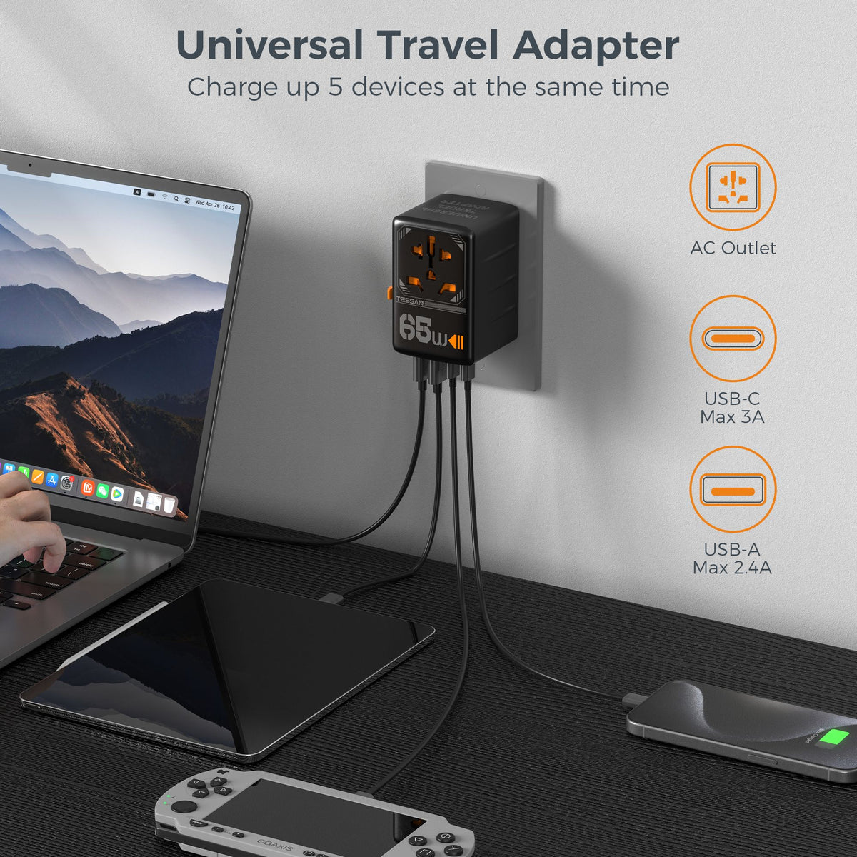 TESSAN GaN Universal Travel Adapter 2xUSB, 2xTYPE-C Max 65W