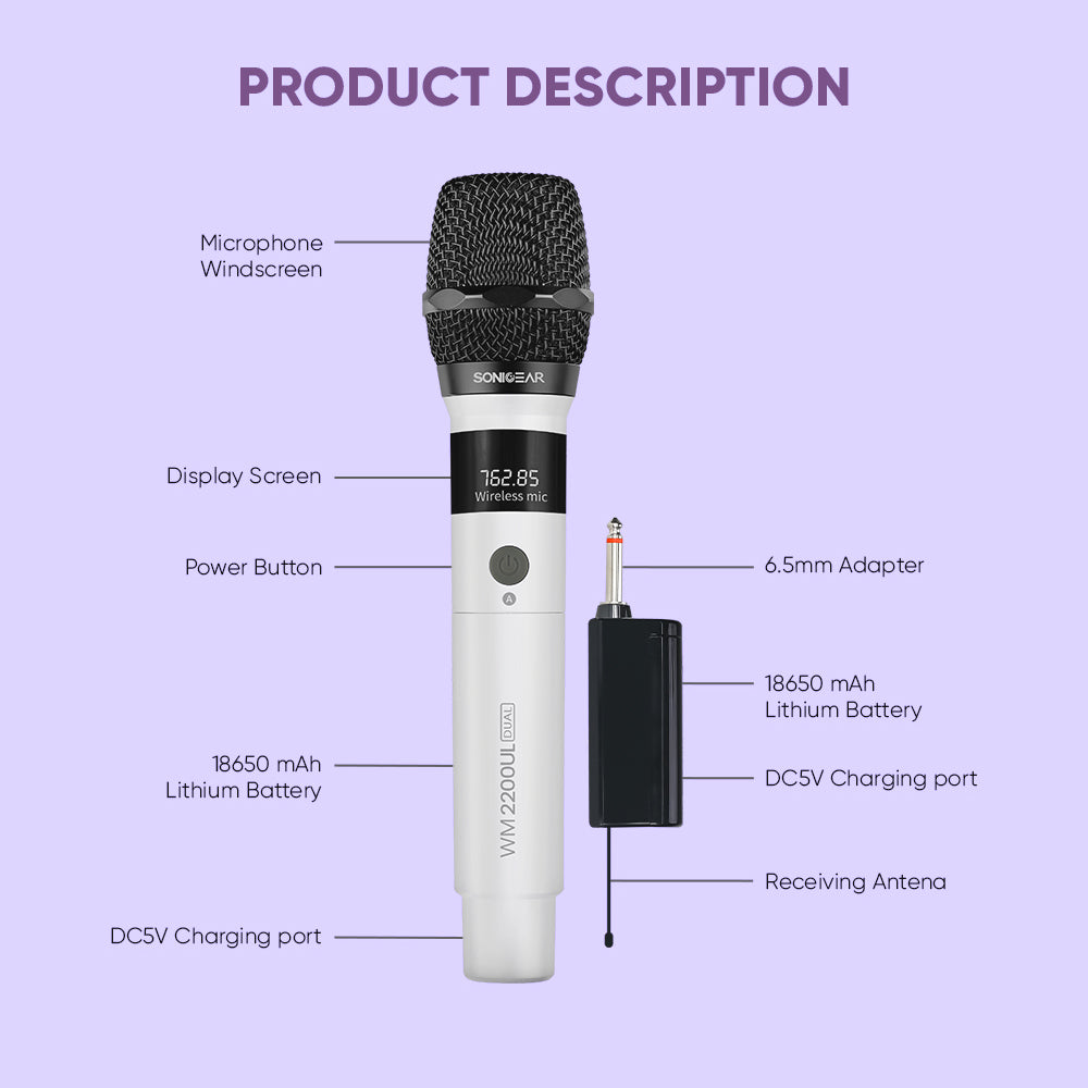 SONICGEAR Dual 2.4G Wireless LED Microphone WM 2200 UL Bianco