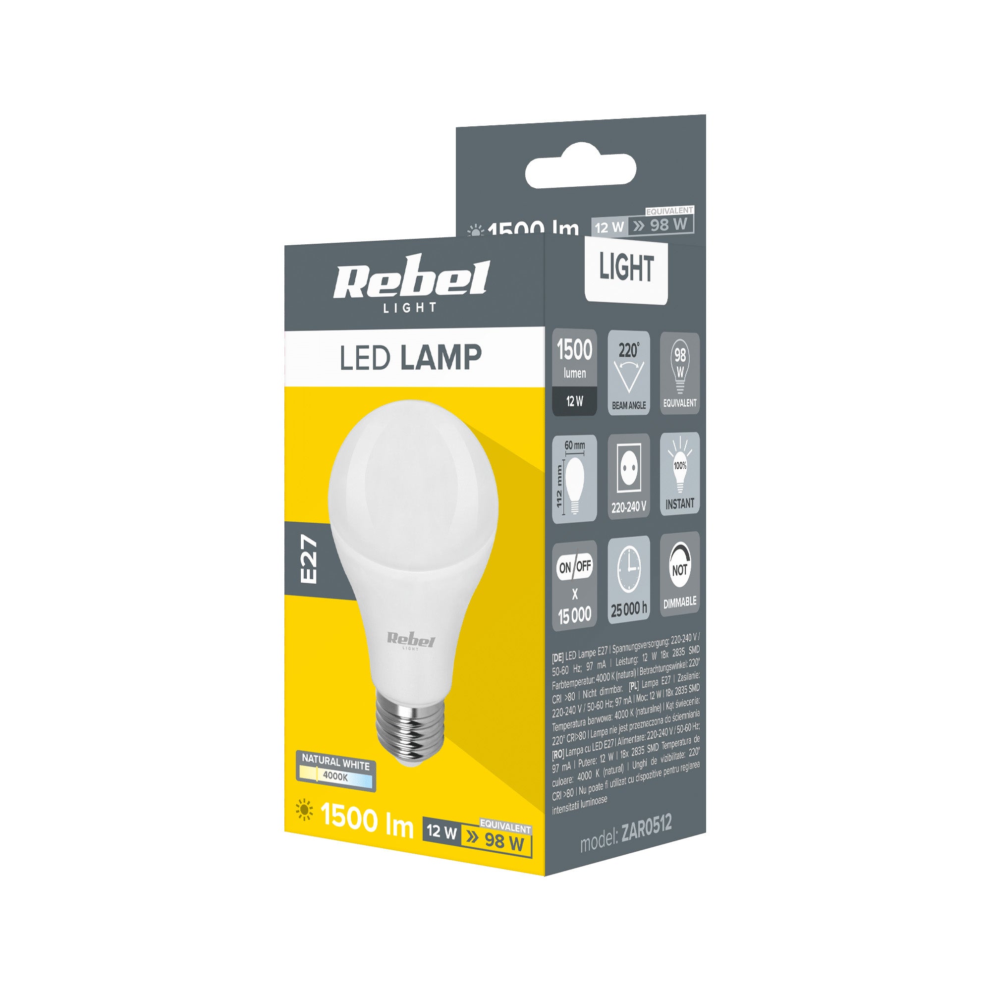 Λάμπα LED E27 A60 12W/230V 4000K Rebel