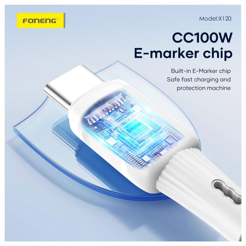 Καλώδιο Σύνδεσης USB 2.0 Foneng X120 Silicone USB C σε USB C 100W 1m Λευκό