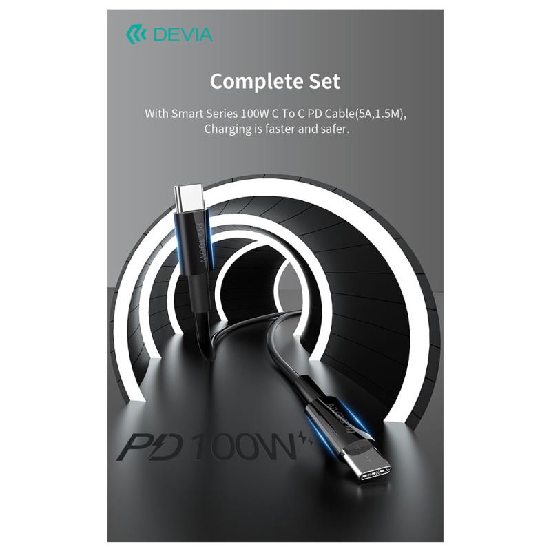 Devia GS-W45A0948 Rocket 45W USB C PD Fast Travel Charger with 1.5m Smart Black USB C to USB C Cable