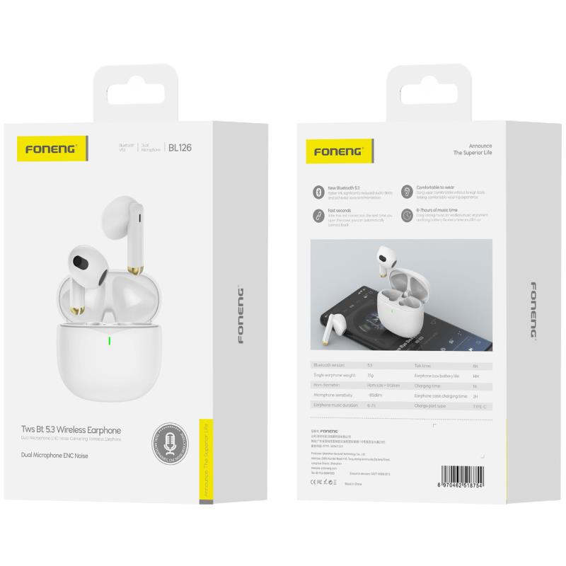 True Wireless Ακουστικά Bluetooth Foneng BL126 ENC Λευκό