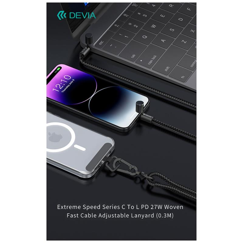 Καλώδιο Σύνδεσης USB 2.0 Woven Adjustable Lanyard Devia EC658 USB C σε Lightning PD 27W 0.3m Extreme Μαύρο