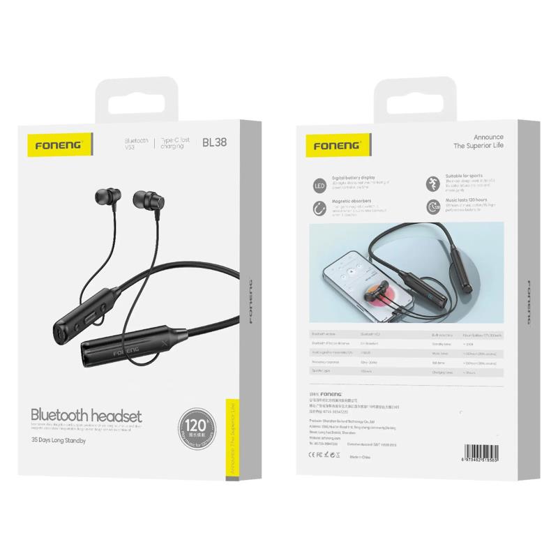 Στερεοφωνικό Ακουστικό Bluetooth Foneng BL38 Long Battery Life Neckband Μαύρο