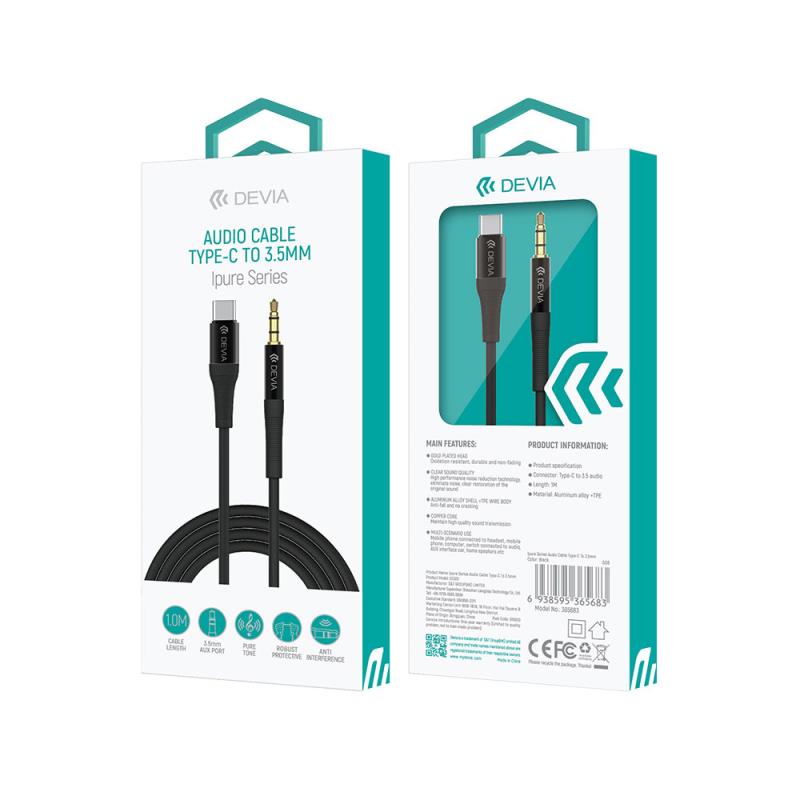 Καλώδιο Ήχου Devia EC620 USB C σε 3.5mm 1m Ipure Μαύρο