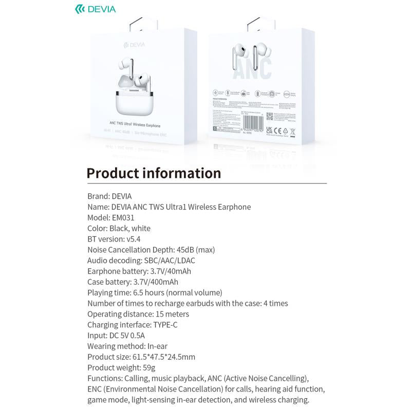 True Wireless Ακουστικά Bluetooth Devia EM031 ANC + ENC Ultra1 Λευκό