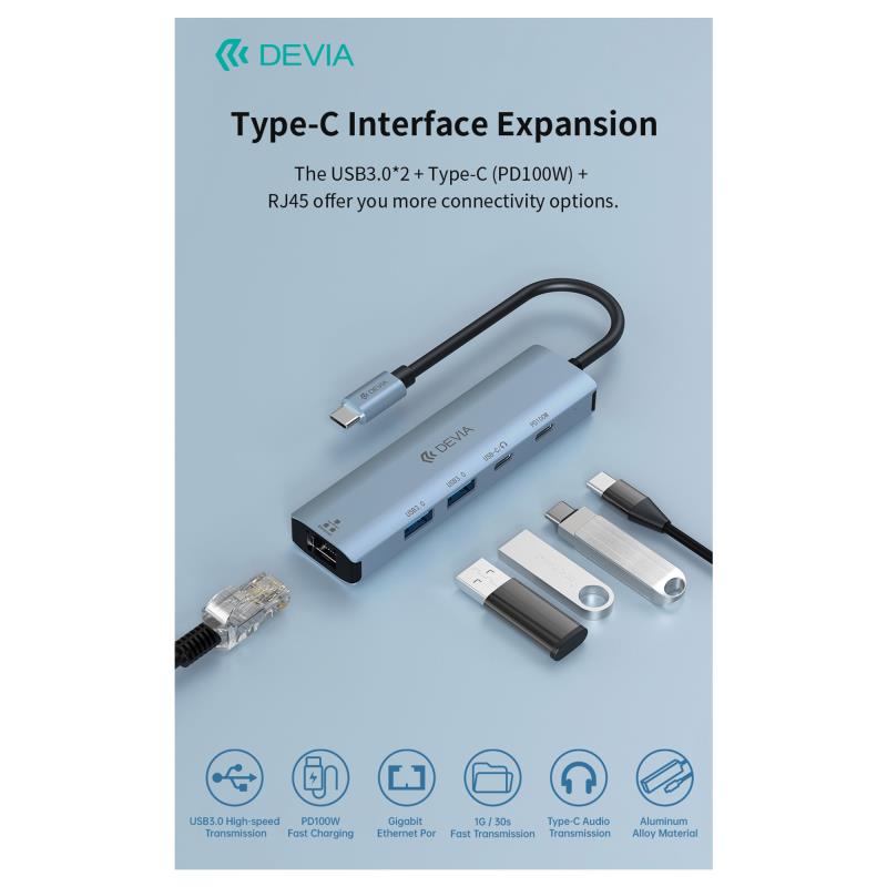 Hub USB C Devia EC701 5 σε 1 PD 100W RJ45 Leopard Γκρι