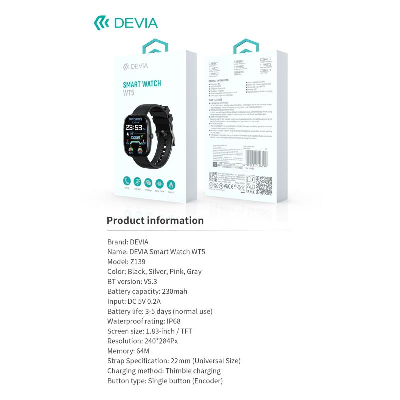 Smartwatch Devia WT5 1.83" Μαύρο
