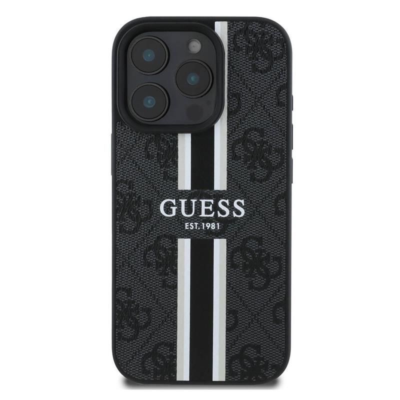Θήκη PU Guess MagSafe Apple iPhone 16 Pro Hardcase Printed Stripes 4G Μαύρο