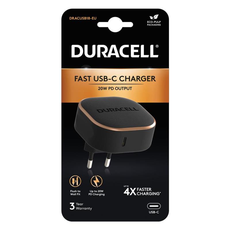 Φορτιστής Ταξιδίου Duracell με Έξοδο USB C PD 20W Μαύρο