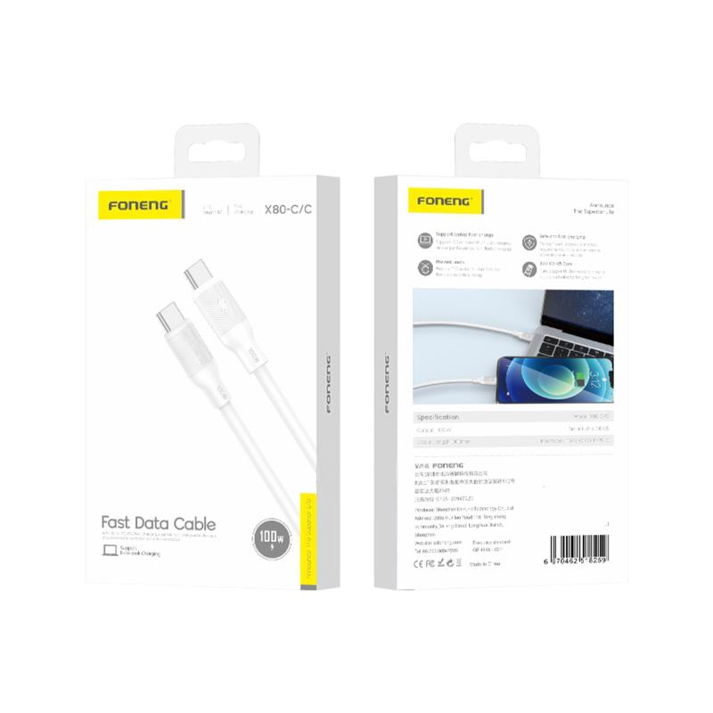 Καλώδιο Σύνδεσης USB 2.0 Foneng X80 USB C σε USB C 100W 1m Λευκό