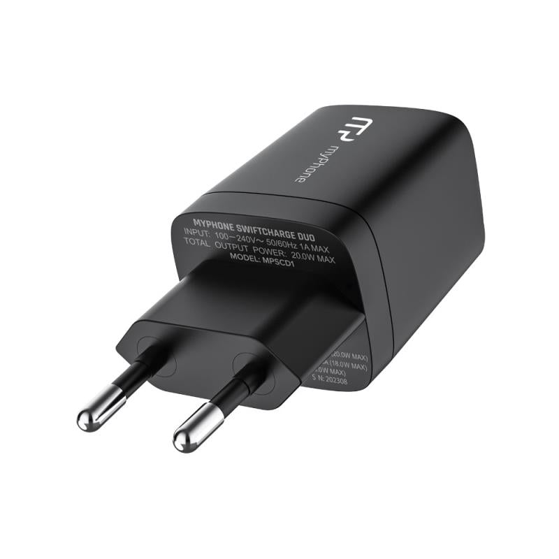 Φορτιστής Ταξιδίου Ταχείας Φόρτισης myPhone SWIFTCHARGE DUO με Διπλή Έξοδο USB A & USB C PD 20W Μαύρο