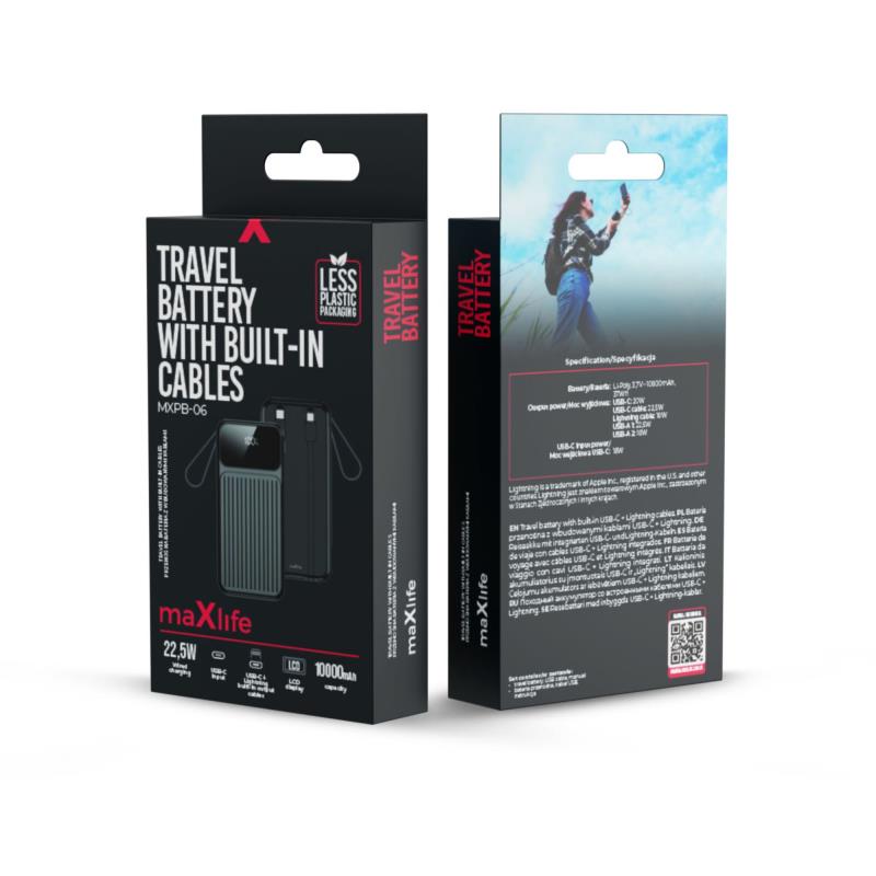 Φορτιστής Ανάγκης Maxlife MXPB-06 22.5W 10000mAh PD με 2 Ενσωματωμένα Καλώδια Μαύρο