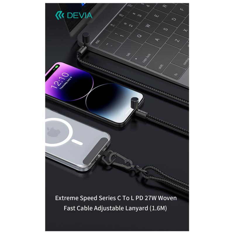 Καλώδιο Σύνδεσης USB 2.0 Woven Adjustable Lanyard Devia EC658 USB C σε Lightning PD 27W 1.6m Extreme Μαύρο