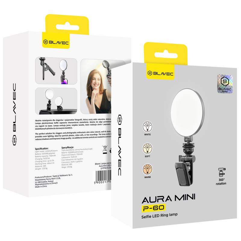 Φωτιστικό Selfie LED Ring Lamp Blavec Aura Mini P-60 για Κινητά Μαύρο