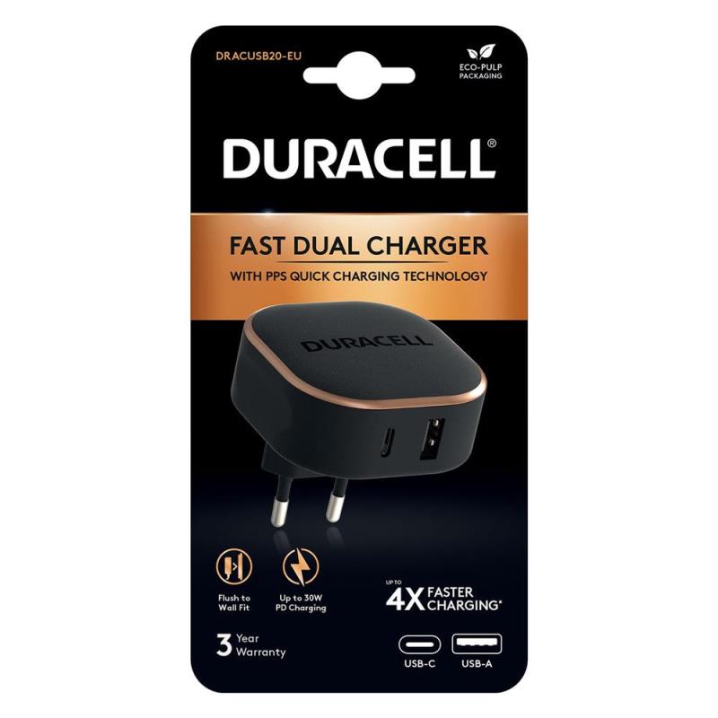 Φορτιστής Ταξιδίου Ταχείας Φόρτισης Duracell με Διπλή Έξοδο USB A & USB C PD 30W Μαύρο