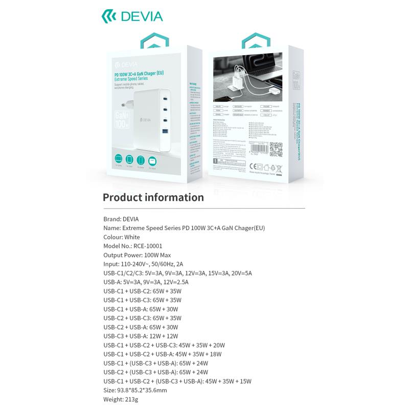 Φορτιστής Ταξιδίου Ταχείας Φόρτισης Devia RCE-10001 με Τετραπλή Έξοδο 3xUSB C & USB A GaN PD 100W Extreme Λευκό