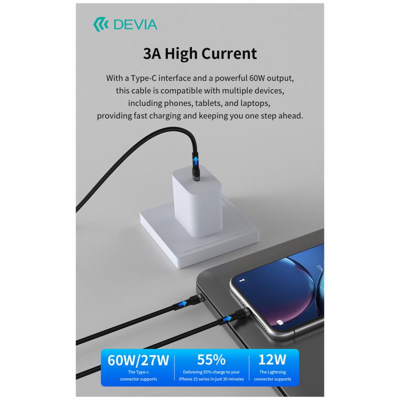 Καλώδιο Σύνδεσης USB 2.0 2 σε 1 Braided Devia EC648 USB C σε USB C & Lightning PD 60W & 12W 1.2m Extreme Μαύρο