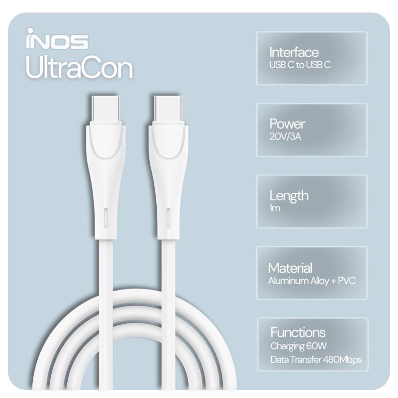 Καλώδιο Σύνδεσης USB 2.0 inos UltraCon USB C σε USB C 60W 1m Λευκό
