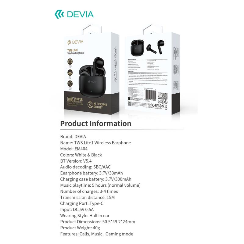 True Wireless Ακουστικά Bluetooth Devia EM404 Lite1 Μαύρο