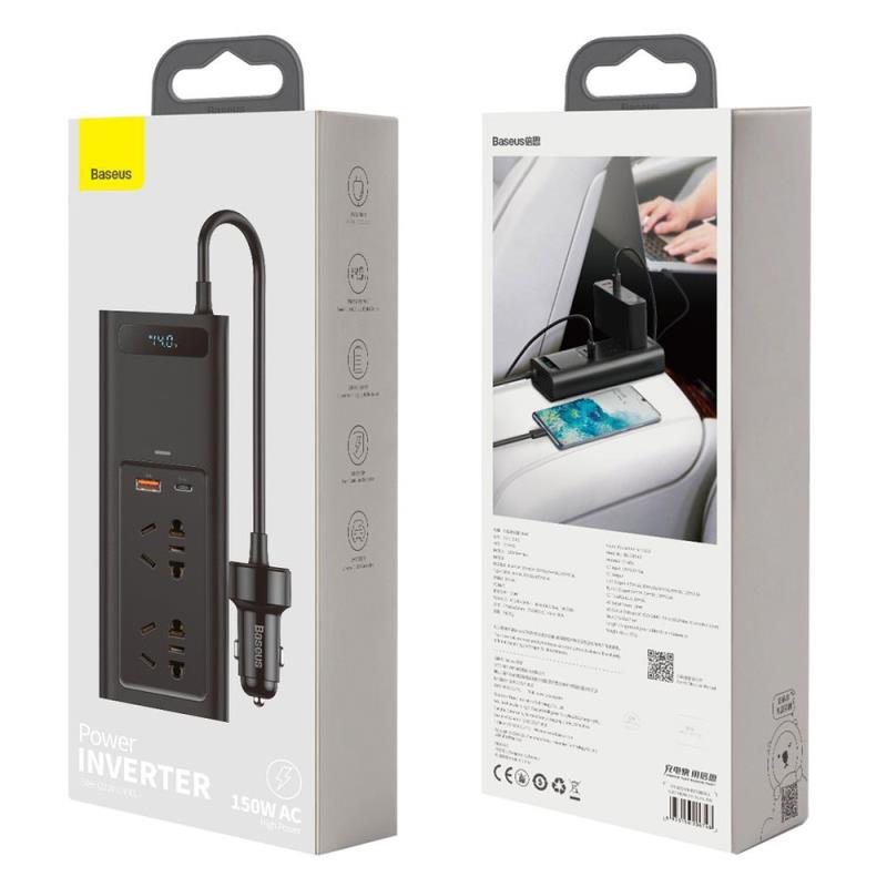 Inverter Αυτοκινήτου Baseus 12V σε 220V & Διπλή Έξοδο USB A, USB C 150W BS-CI15-02 Μαύρο
