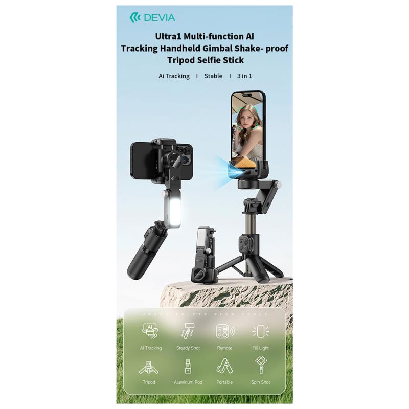 Gimbal & Τρίποδο Devia Q19 με AI Tracking για Smartphones Πλάτους 37 έως 90mm Ultra1 Μαύρο